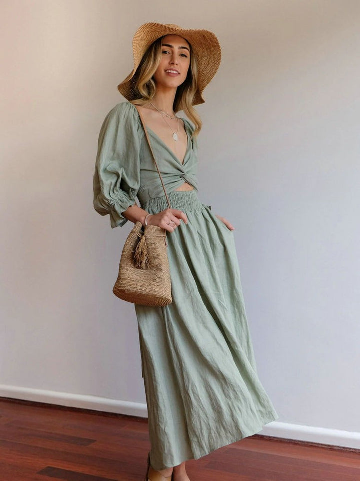 Aviana - Elegant Reversible Puff Sleeve Maxi Dress